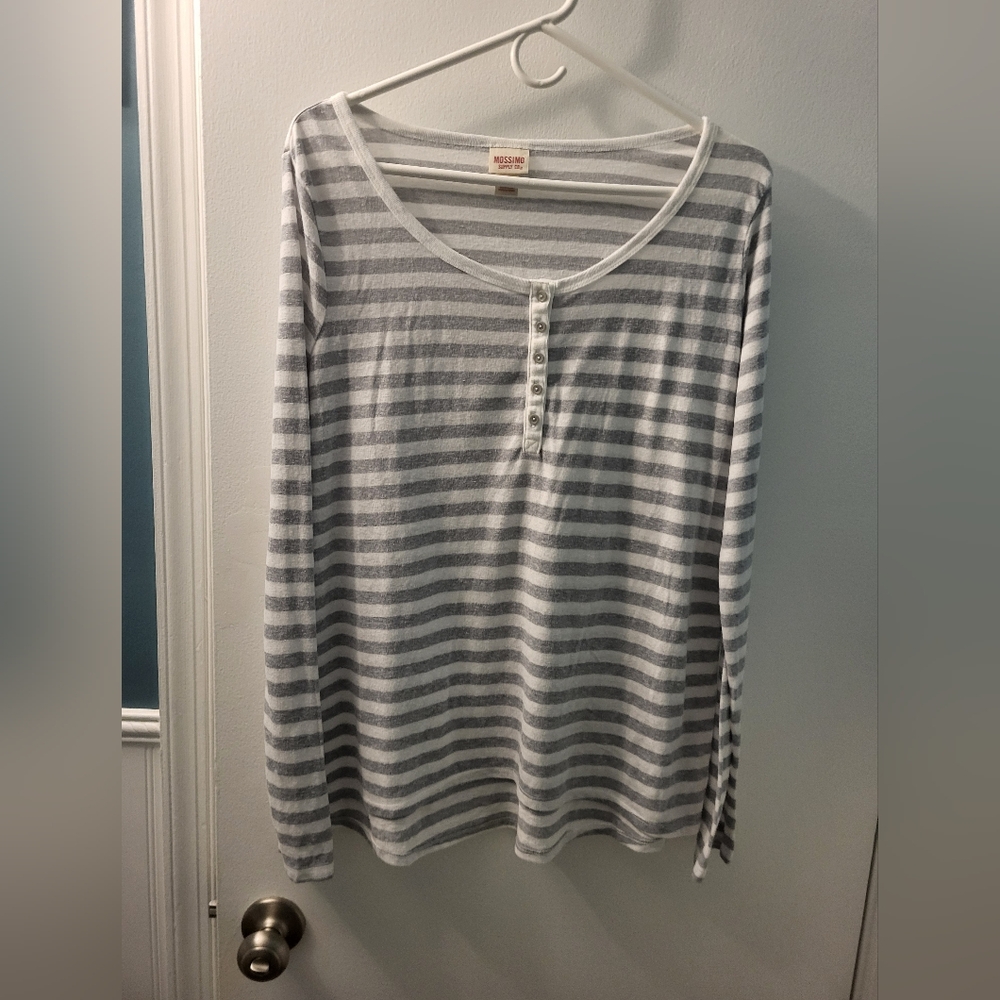 Gray and White Striped Long Sleeve Henley Top XL